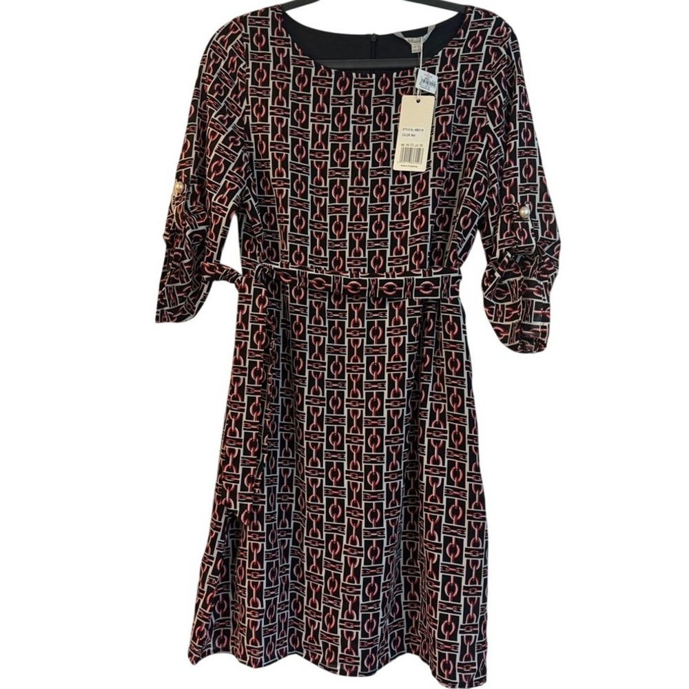 Moussy New Size 6 Shift Dress Red Black Chain Link Print Pockets 3/4 Sleeves - Picture 6 of 14